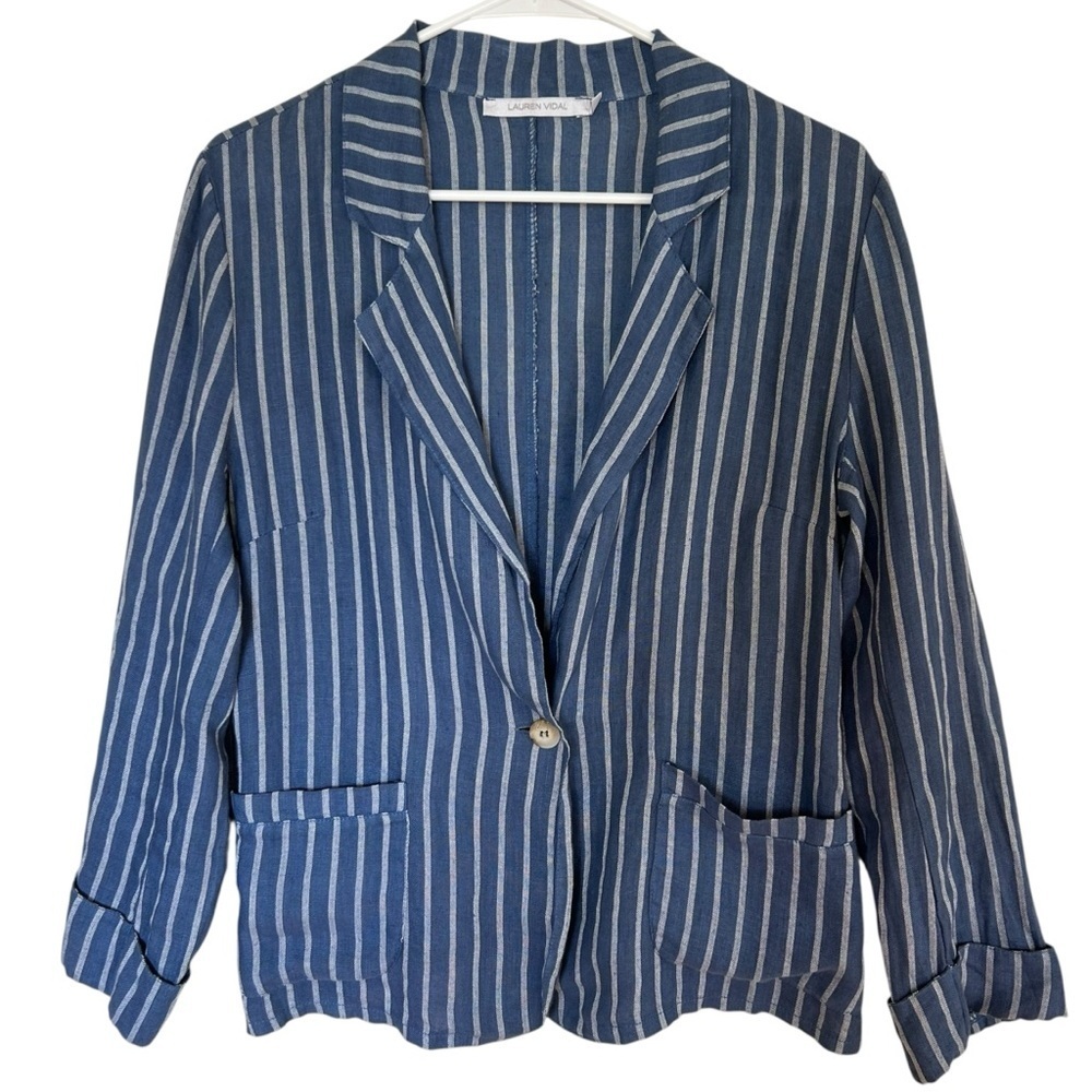 Lauren Vidal Blue and White Striped Linen Blazer Medium Coastal Chic Lightweight